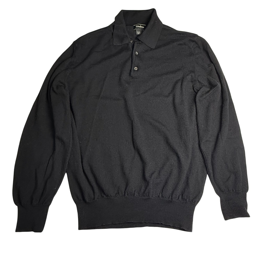Neiman Marcus Mens Black 100% Extrafine Merino Wool Long‎ Sleeve Polo Sweater L